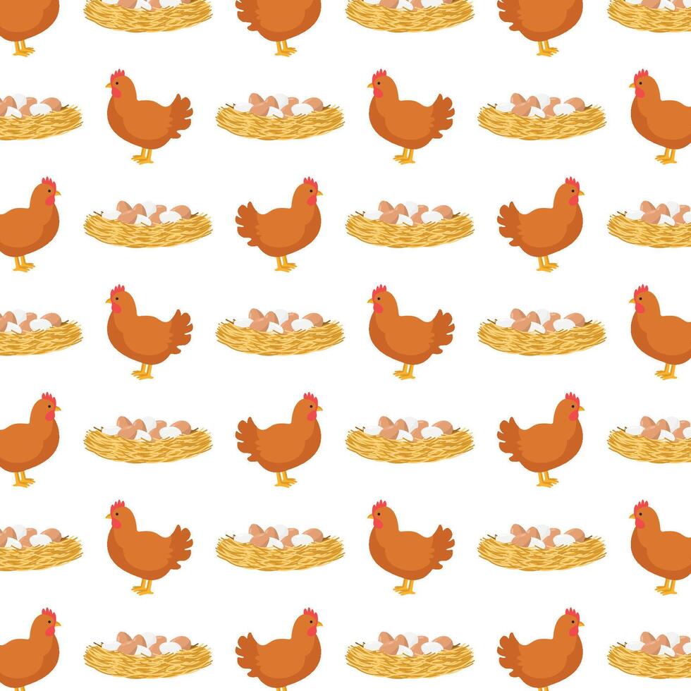 Pattern with chicken and chicken eggs in a nest. Wallpaper, background. vector