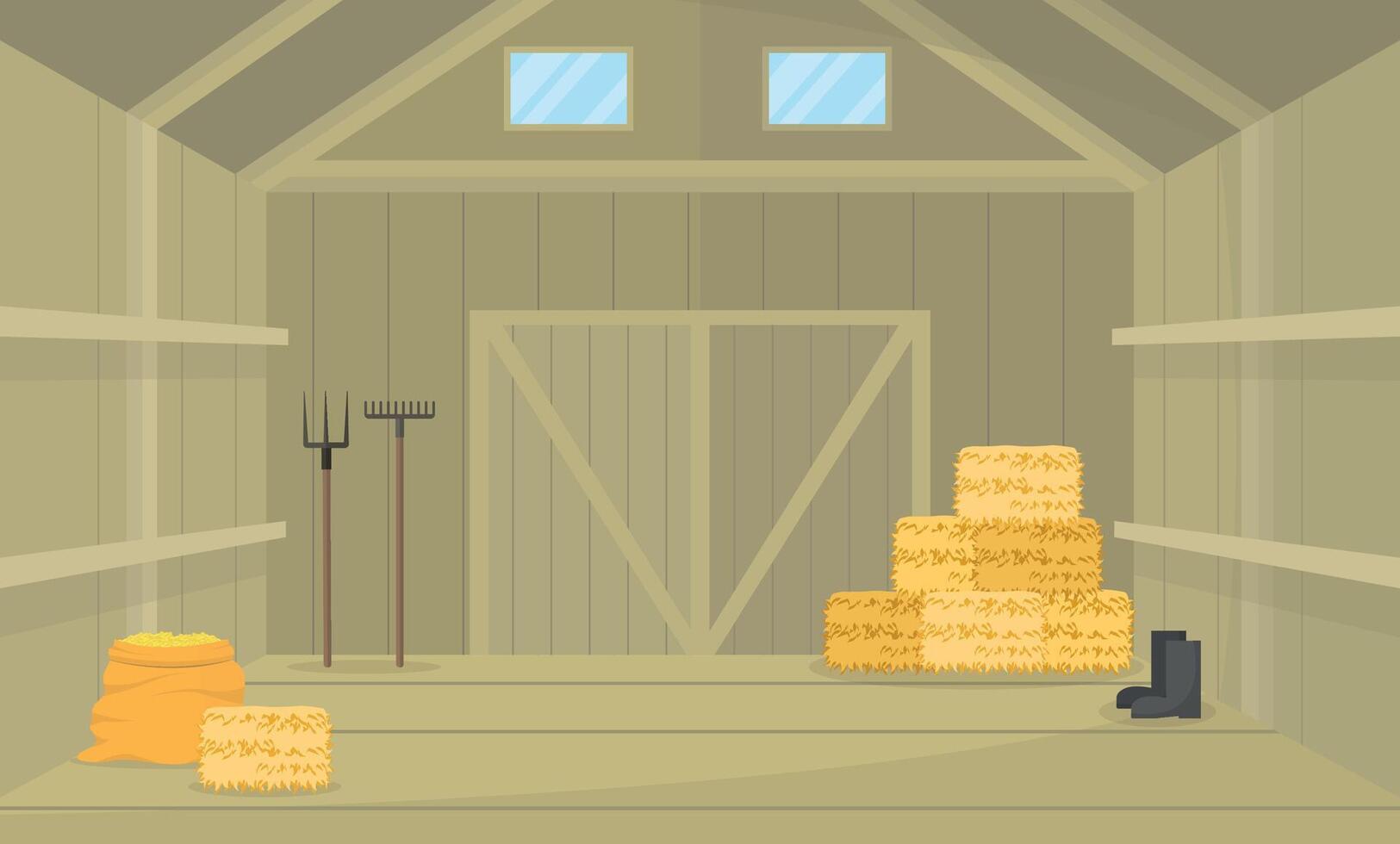 Interior of a barn with hay, a sack of grain, tools and boots. Building for storing goods. vector