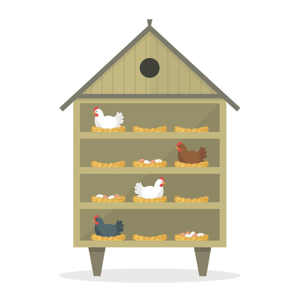 Chicken coop icon with hens and eggs. Chicken coop interior. Farm chicken coop. Agribusiness. vector