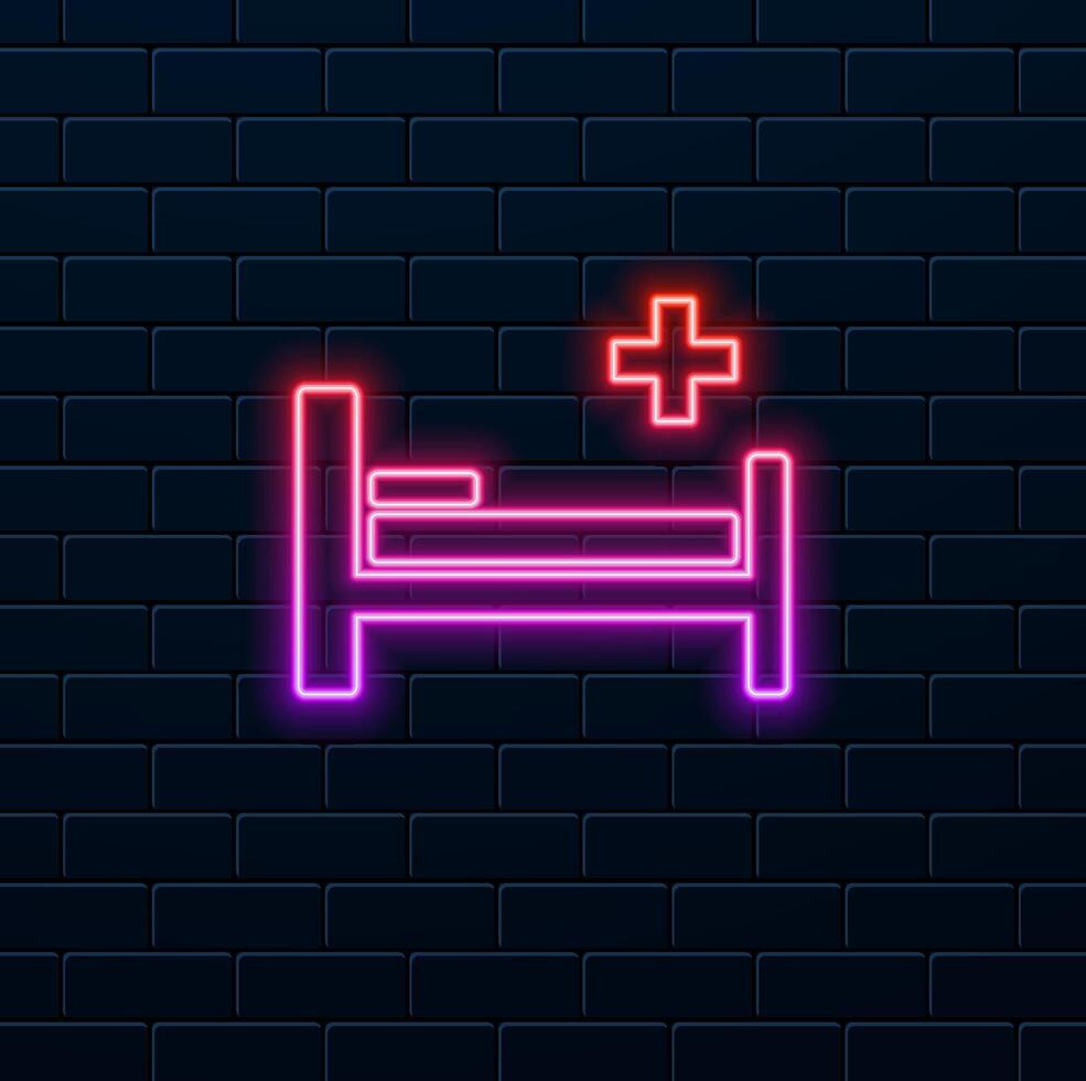 Bed silhouette, side view.Hospital bed linear icon. neon style.Thin line illustration. isolated schematic drawing. vector