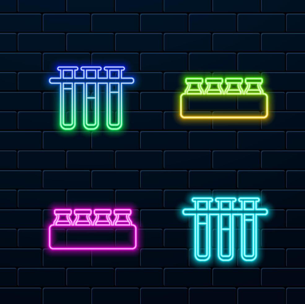 chemical test tube chemical reaction. neon.Scientific rack with test tubes and chemical liquid. neon style.laboratory glassware icon. vector