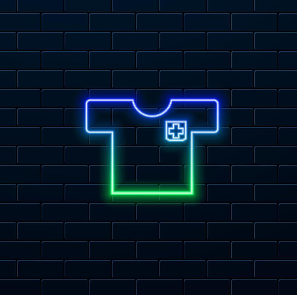 Medical gown icon for doctors and first responders and patients. neon style. Short sleeve, pockets. thin line linear illustration. Editable outline for web, UI vector