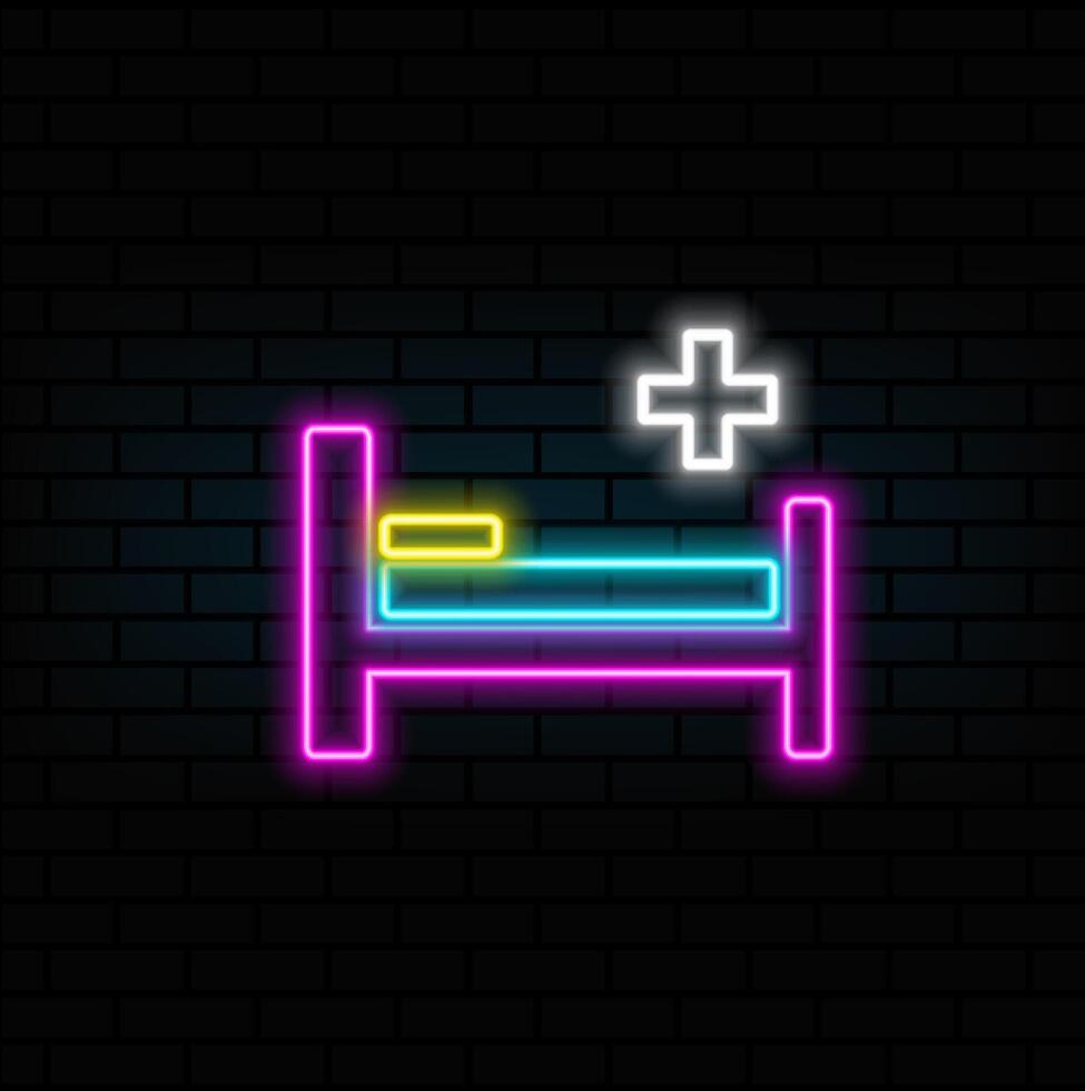 neon style.hospital bed, side view.Hospital bed linear icon.Thin line illustration. isolated schematic drawing. vector