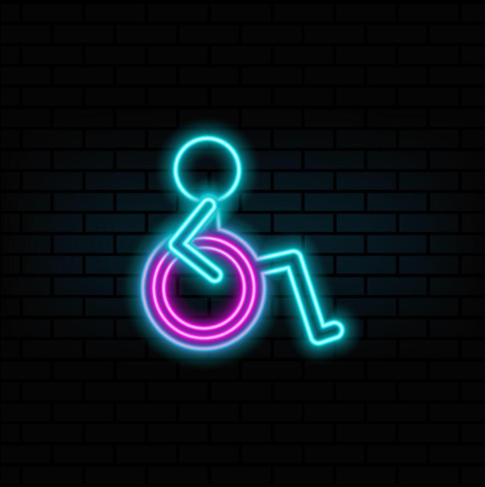 inability. neon style.disabled person. deficiency. man in wheelchair. silhouette symbol on white background, without outline. negative space. illustration vector