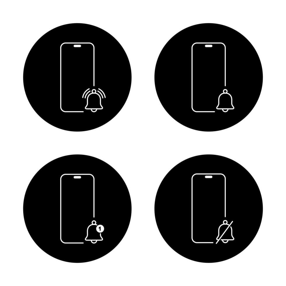 Notification smartphone icon set collection on black circle. Phone alarm bell sign symbol vector
