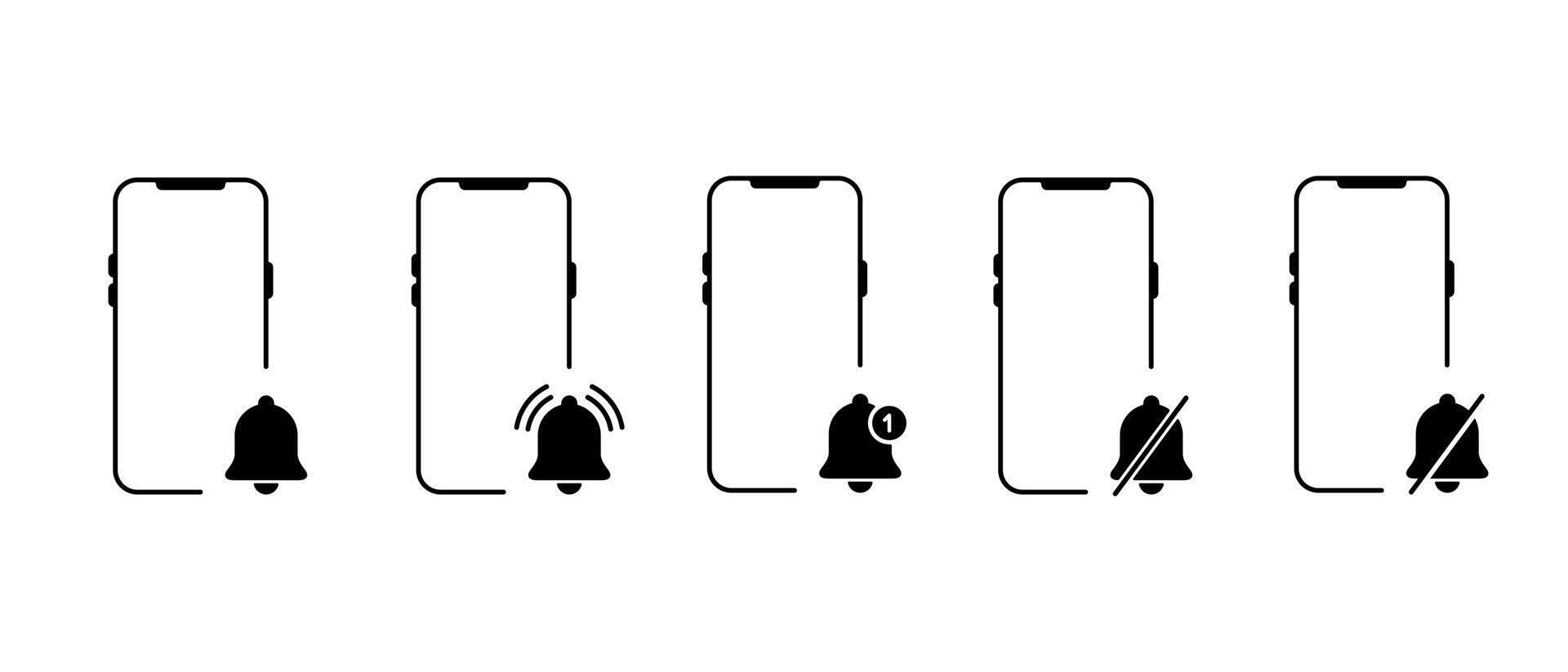 Notification bell smartphone icon set. Alarm reminder with phone sign symbol vector