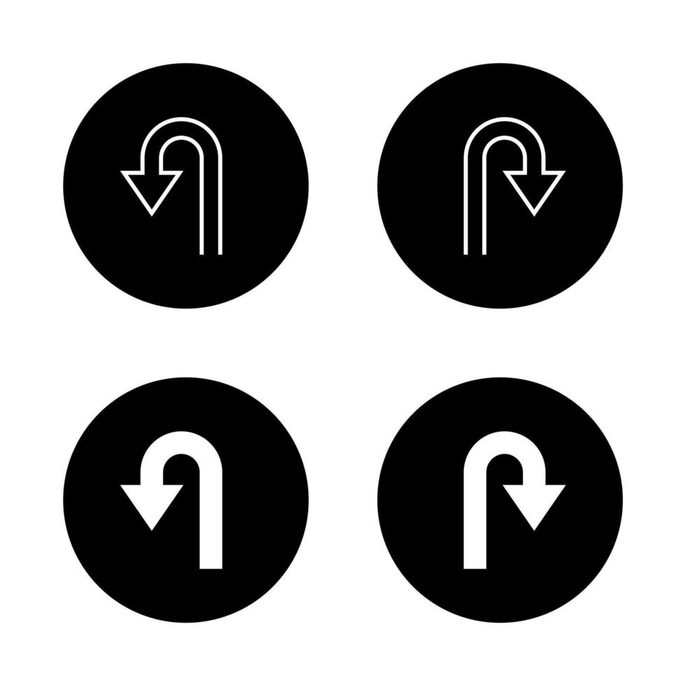 U turn arrow icon on black circle. Direction symbol for maps and navigation vector