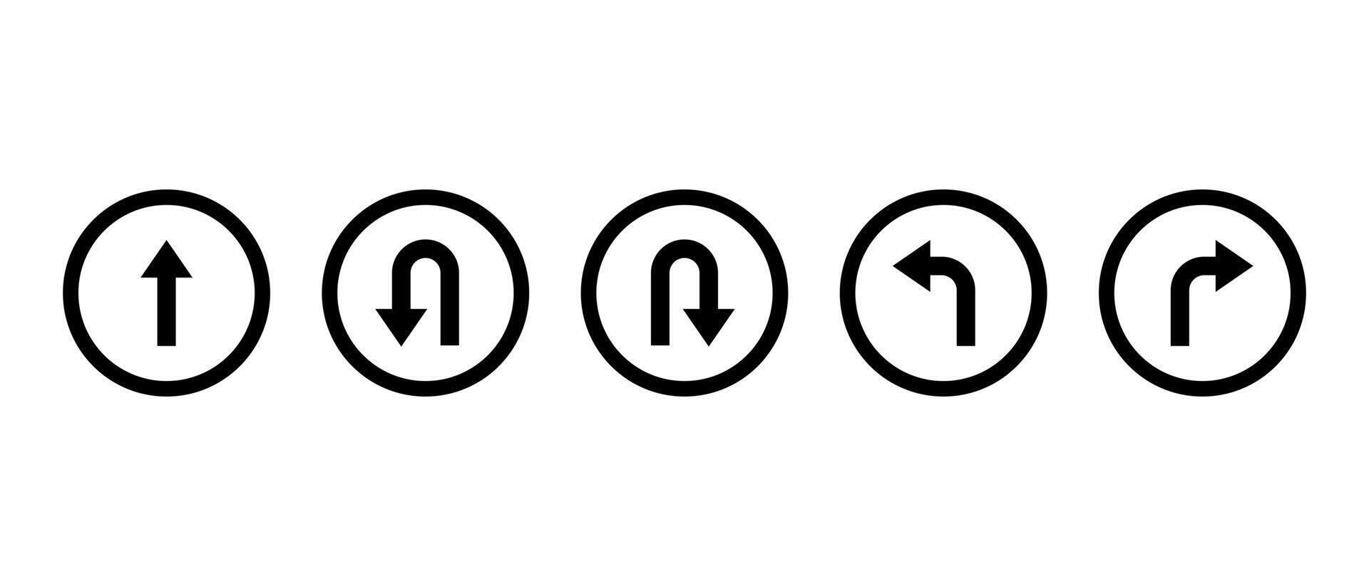 Go straight, this way, one way only, U turn, left and right arrow direction icon on circle line vector
