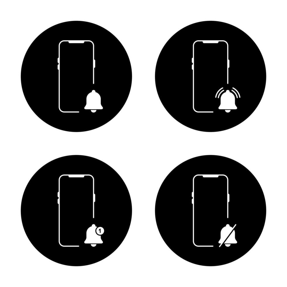 Notification bell on smartphone icon set on black circle. Alarm reminder with phone sign symbol vector