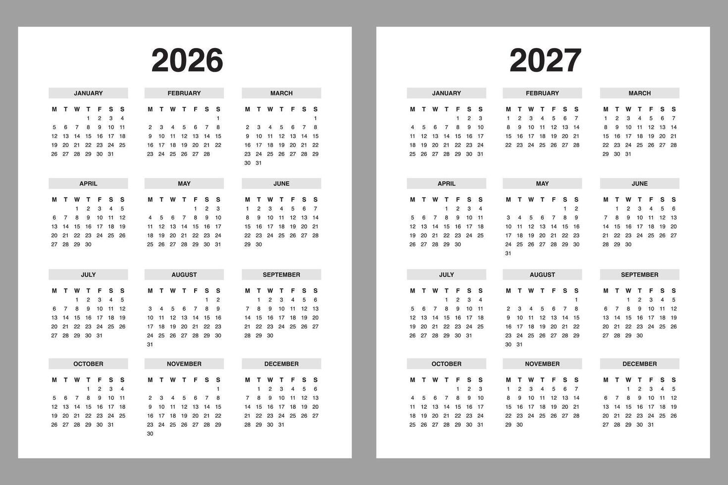 2026 2027 Portrait Yearly calendar, monday start vector