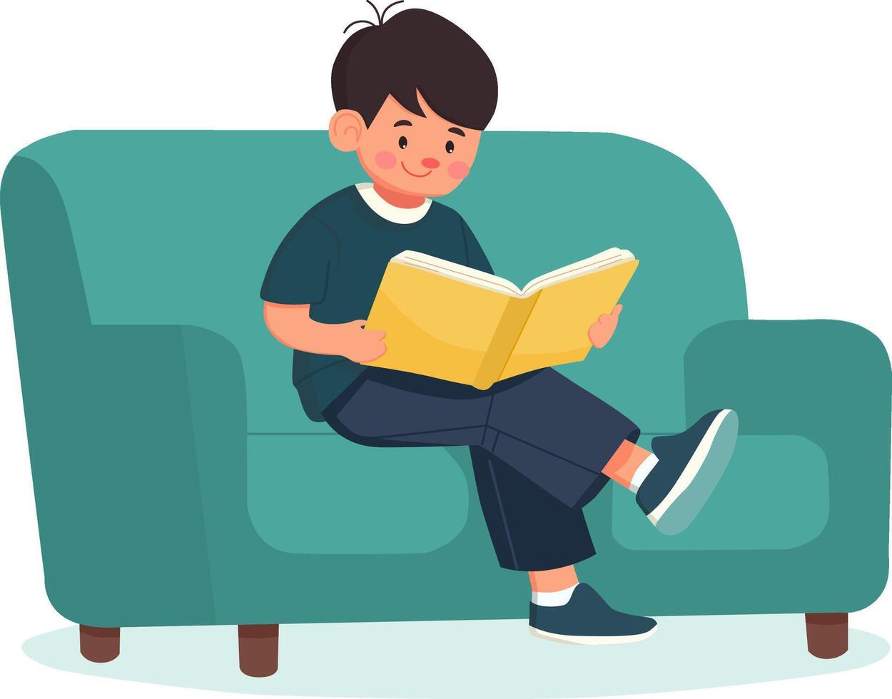 Child reading a book on a couch home illustration cozy front view vector