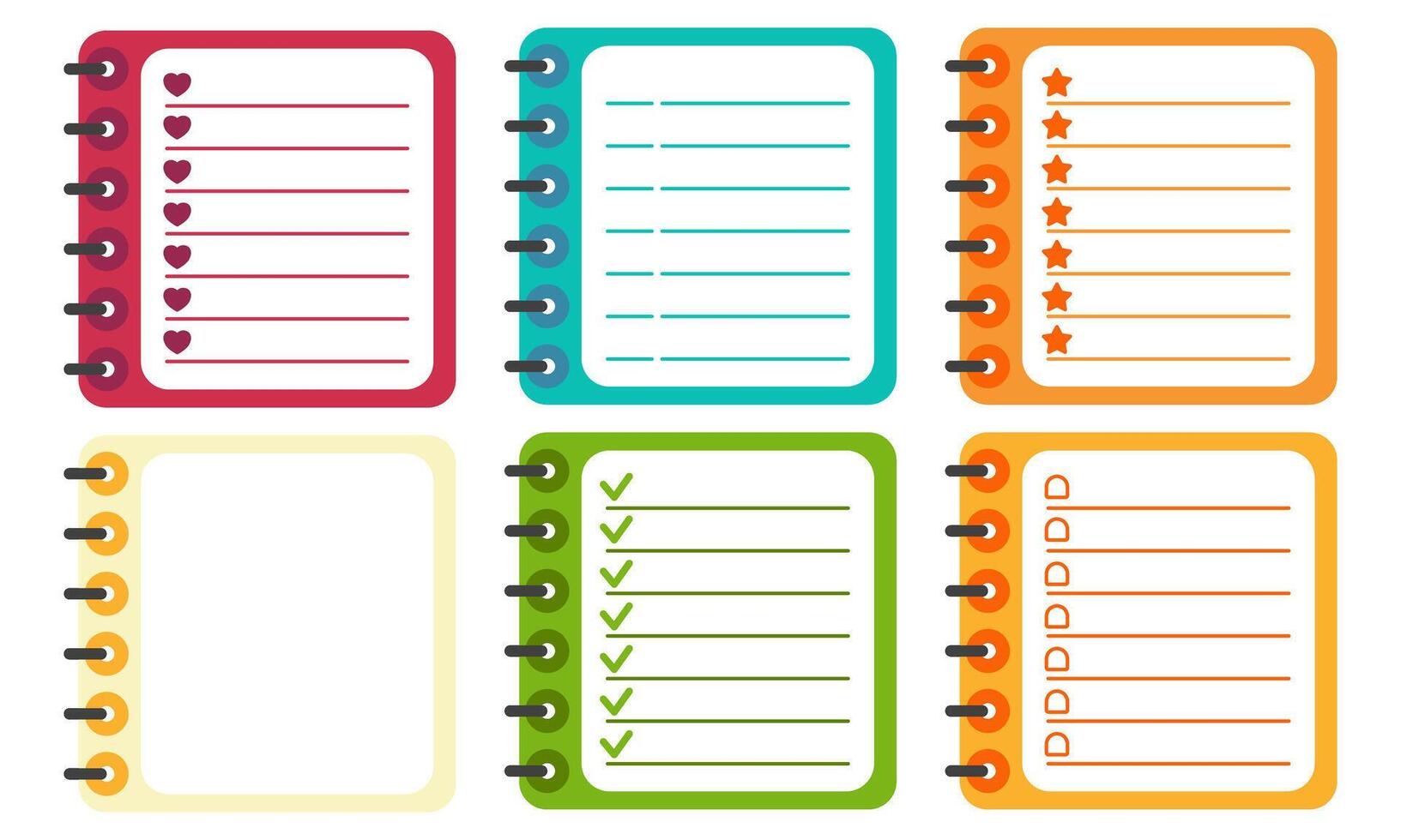 Planner notebook pages with checklist and lined templates in colorful vector