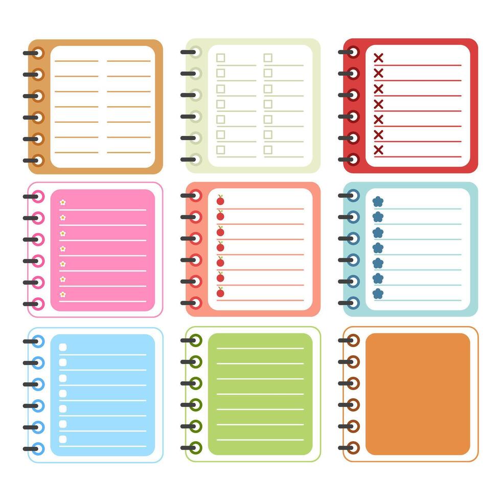 A collection of colorful planner notebook pages with checklist and lined templates vector