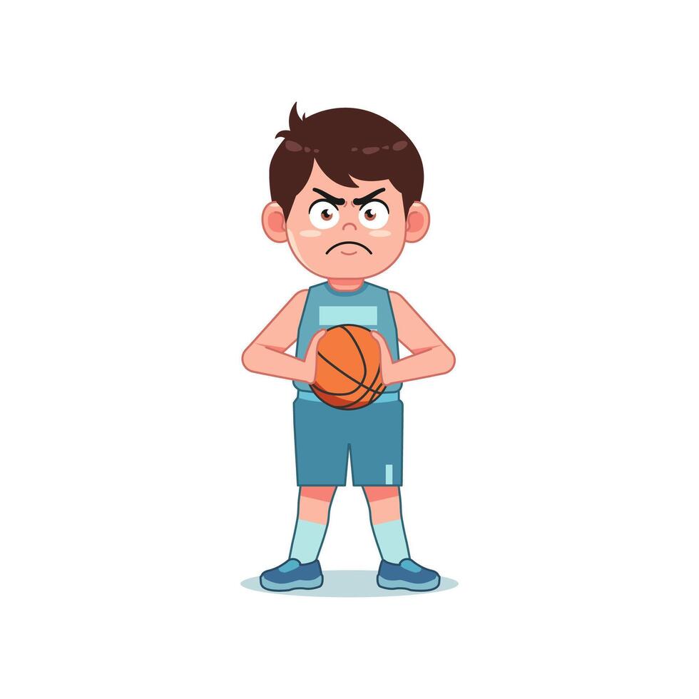Asian Cute Little Boy Cartoon Playing Basketball Hold and Keep Ball vector