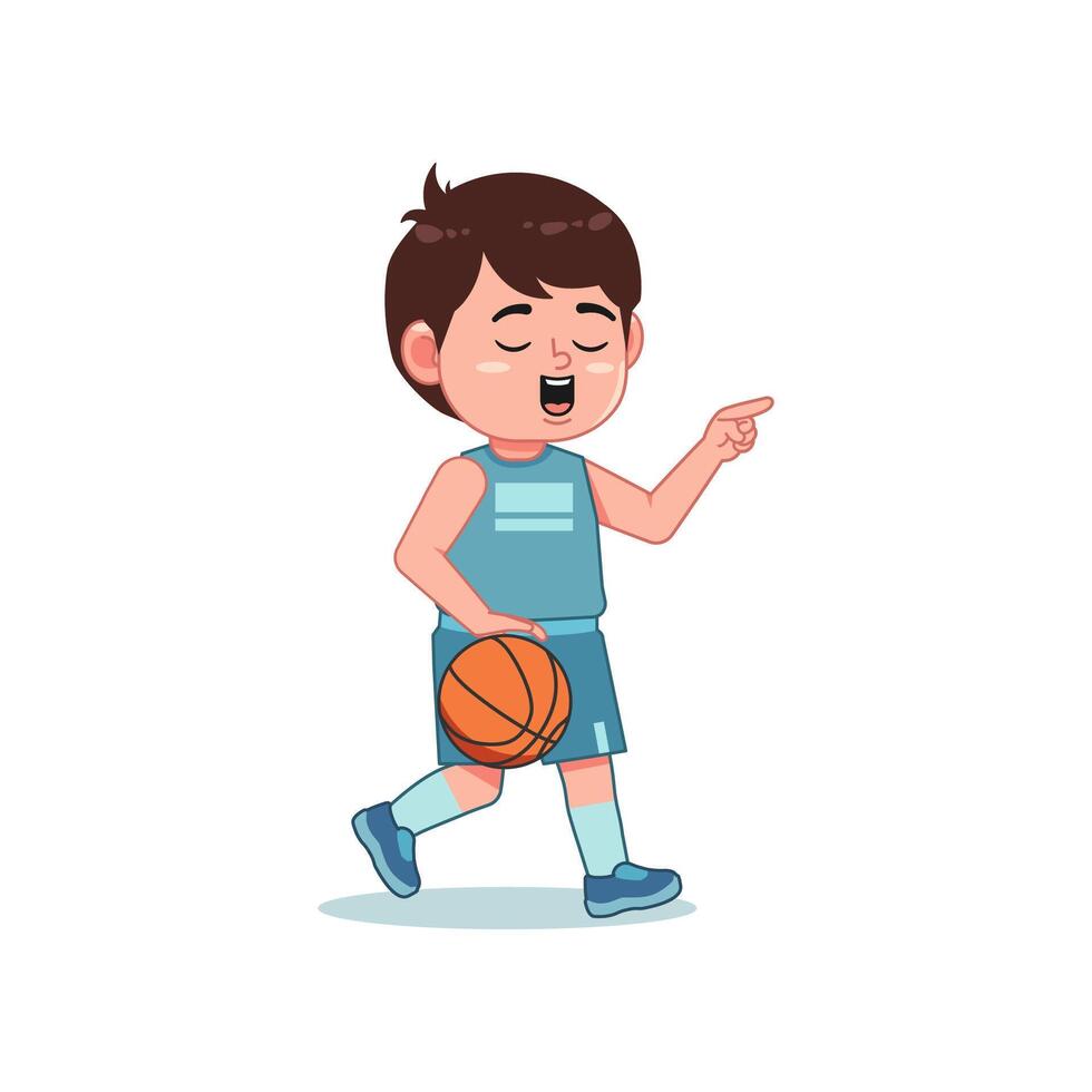 Cute Little Boy Cartoon Playing Basketball Pointing Finger Dribble vector