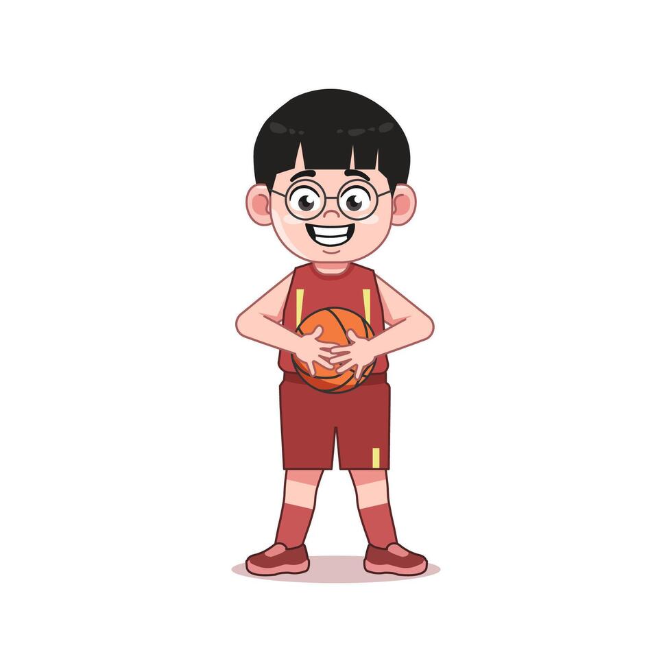Chinese Cartoon cute little boy playing basketball Hold and Keep Ball vector