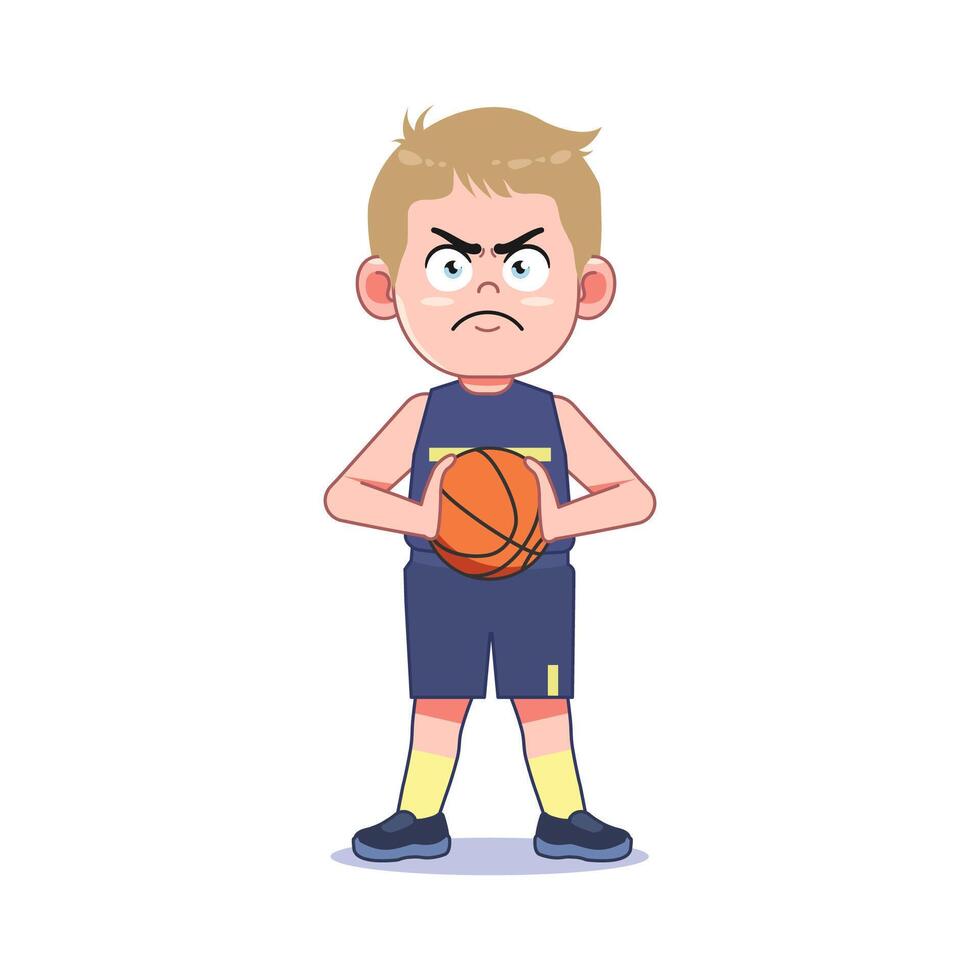 Blond Cute Little Boy Cartoon Playing Basketball Hold vector