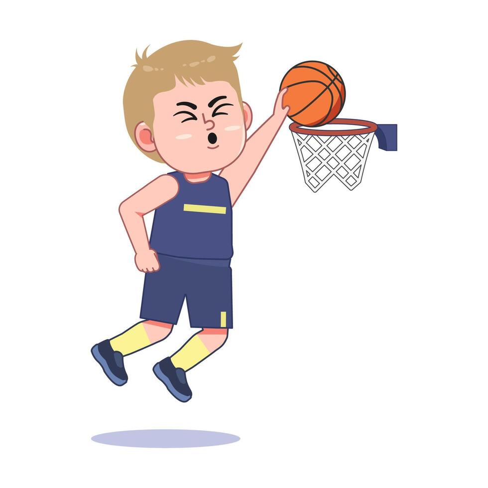 Blond Cute Little Boy Cartoon Playing Basketball Slam Dunk Point vector