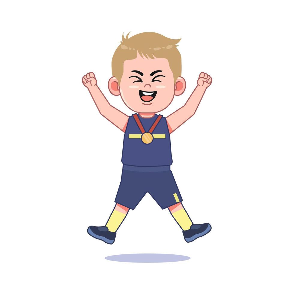 Blond Cute Little Boy Cartoon Playing Basketball Happy Jump Champion vector