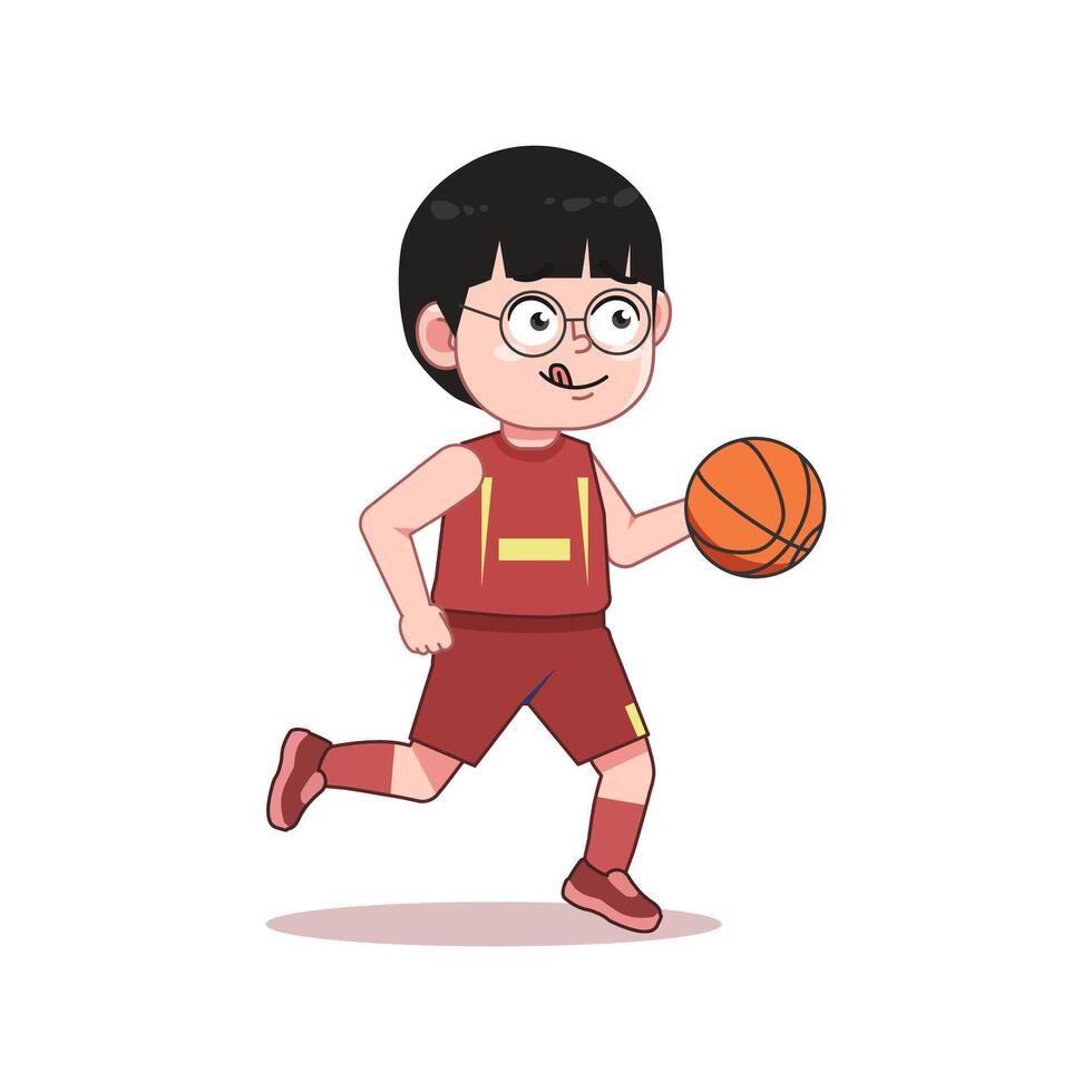 Chinese Happy cute kid boy play train basketball Passing and Dribbling vector