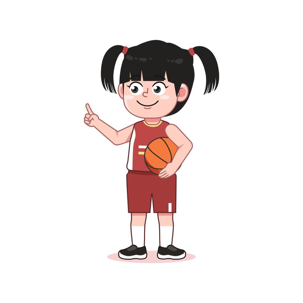 Chinese Cute Little Girl Cartoon Playing Basketball Pointing Up Finger vector