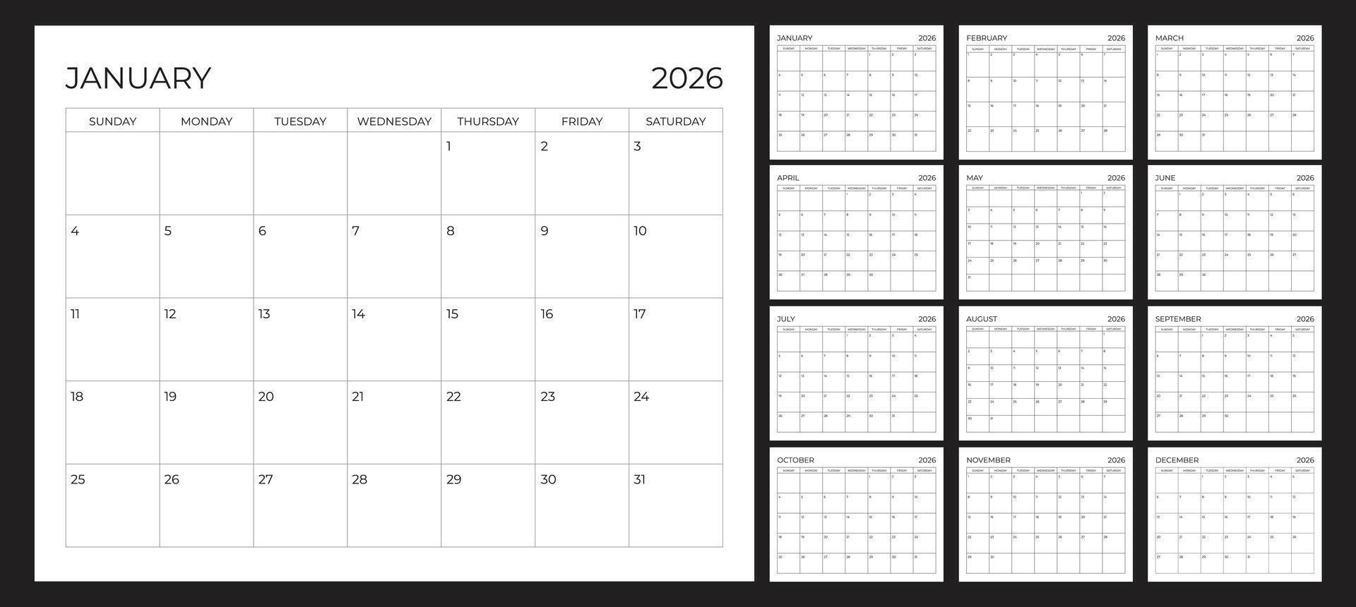 2026 Calendar Printable with sunday start vector