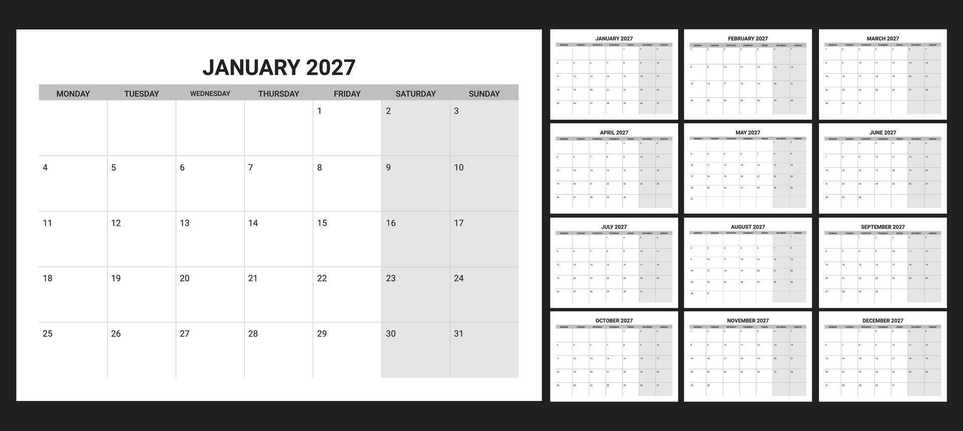 2027 Calendar Printable start from monday vector