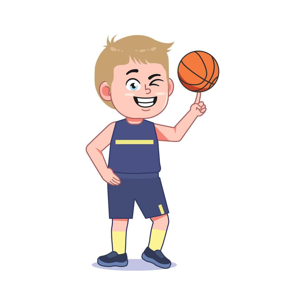 Blond Cute Little Boy Cartoon Playing Basketball Spin Ball Skill vector