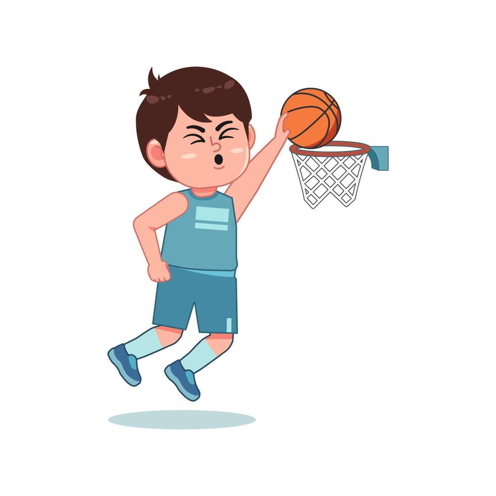Cute Little Boy Cartoon Playing Basketball Lay Up Dunk vector