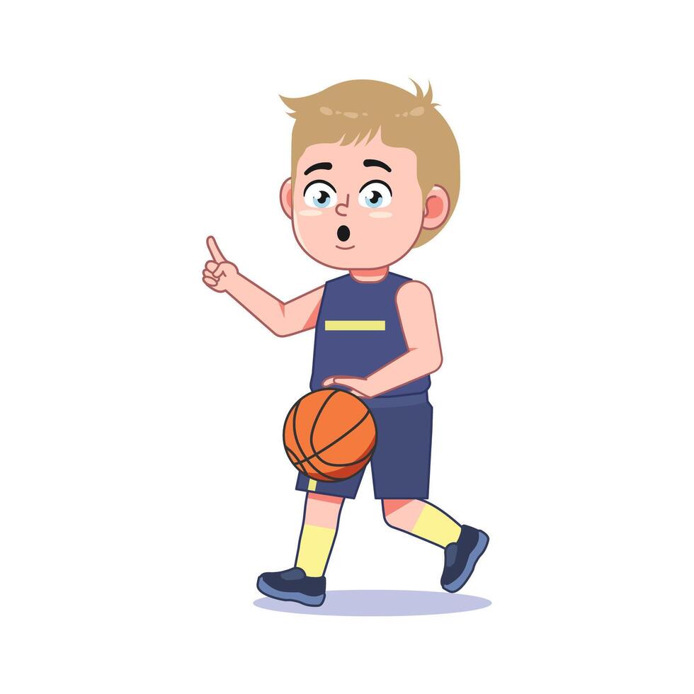 Blond Cute Little Boy Cartoon Playing Basketball Point Guard Dribble vector