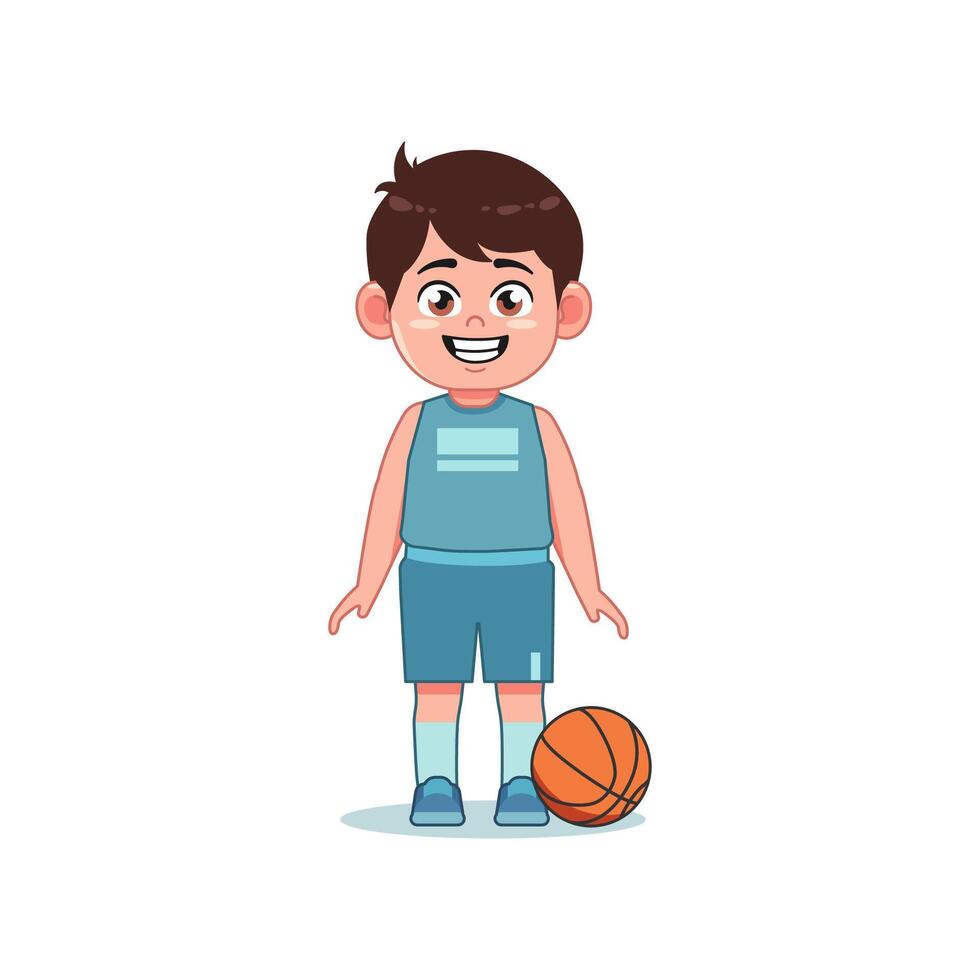 Asian Cute Little Boy Cartoon Playing Basketball Stand and Happy vector