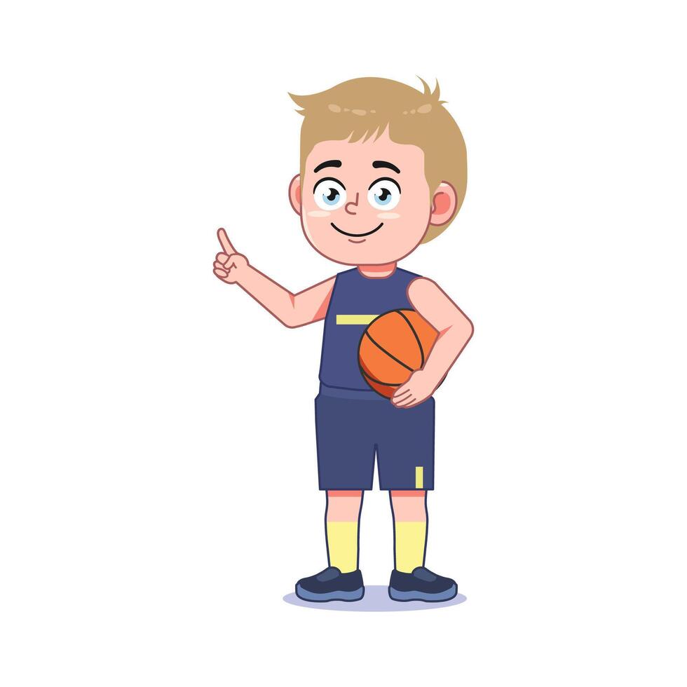 Blond Cute Little Boy Cartoon Playing Basketball Pointing Finger vector