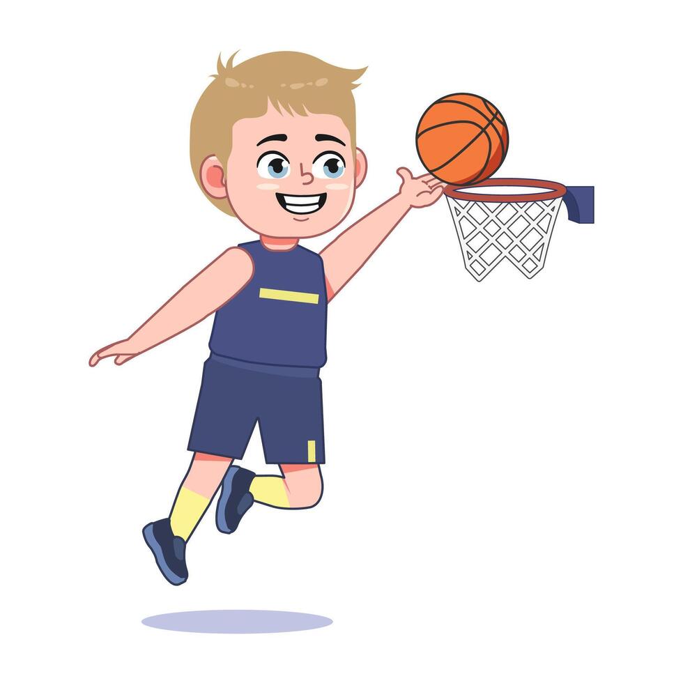 Blond Cute Little Boy Cartoon Playing Basketball Lay Up Jump Score vector