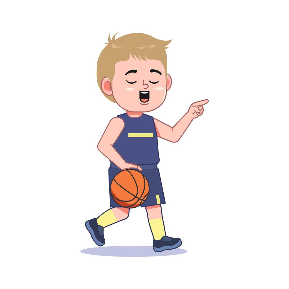 Blond Cute Little Boy Cartoon Playing Basketball Dribbling Finger Pointing vector