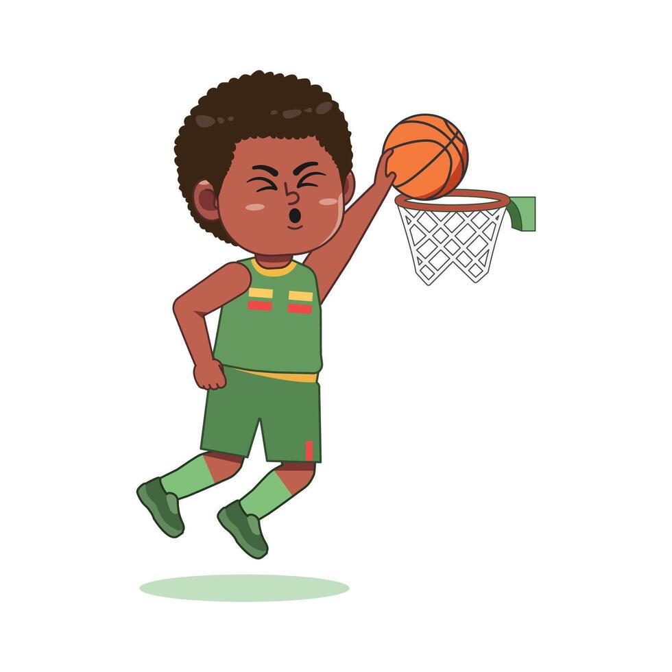 African American Cute Little Boy Cartoon Playing Basketball Lay Up Slam Dunk vector