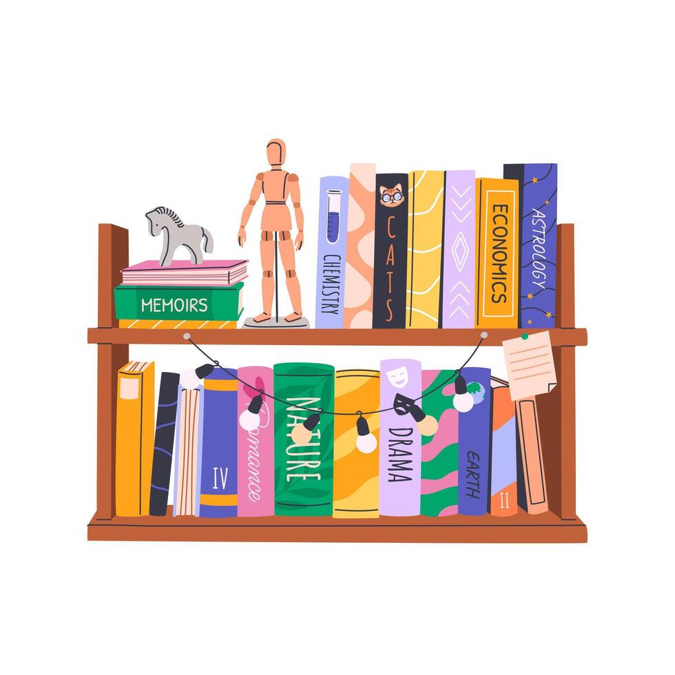 Stacks of books on bookshelves. Home library collection with educational literature, novels, storybooks, encyclopedias. Bookcase with decorative items. Flat illustration isolated on white. vector