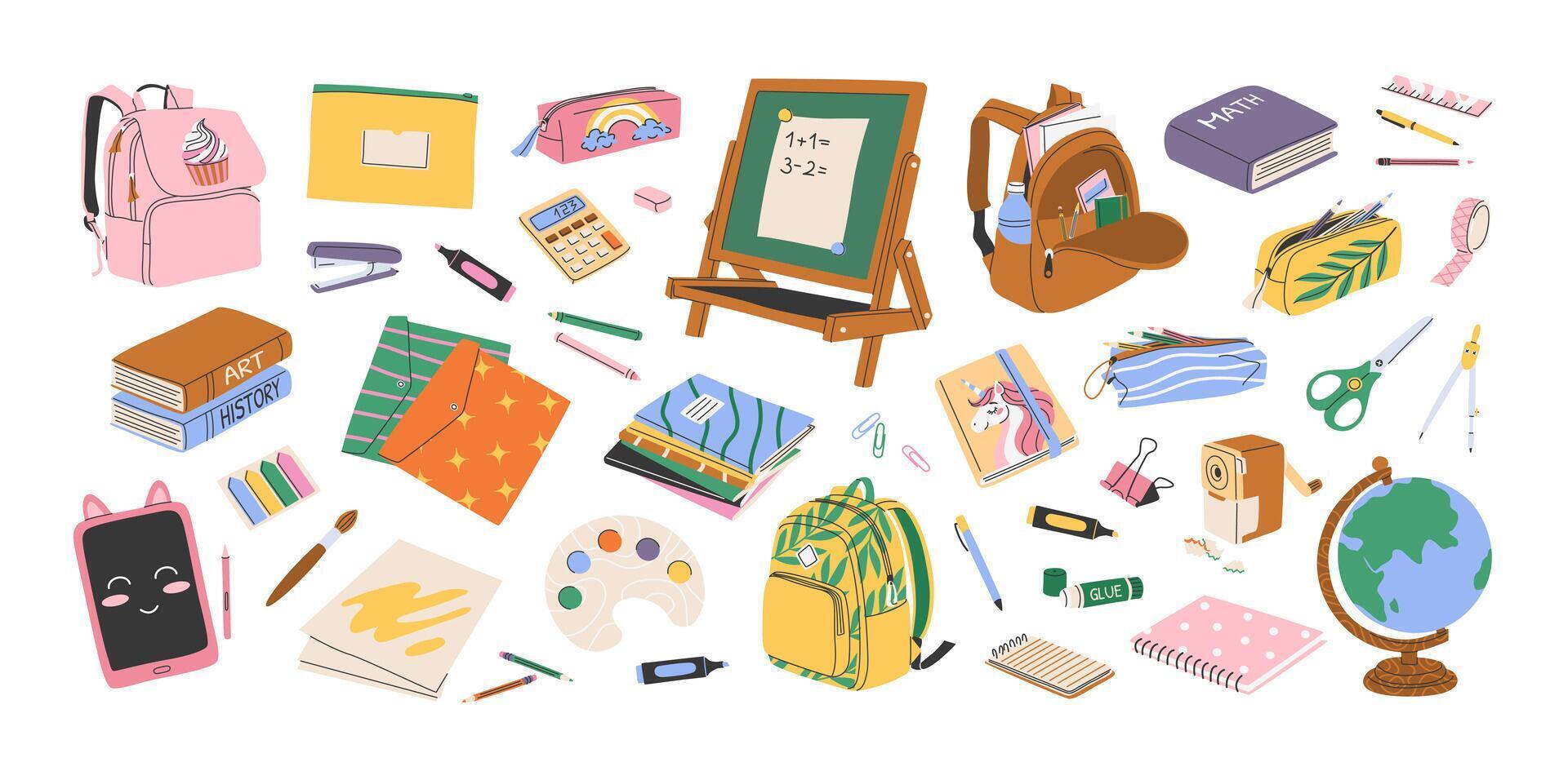 Set of hand drawn school supplies and stationery. Isolated clip art bundle. Back to school and education concept. Backpacks, pencil cases, globe, tablet, books, blackboard. Flat illustrations. vector
