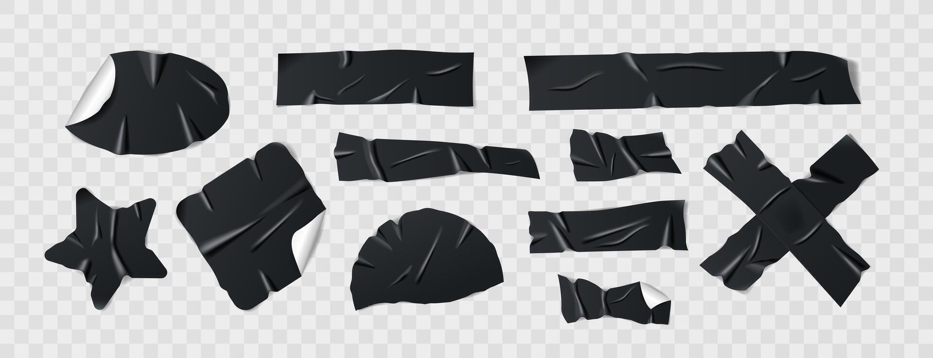 Set of wrinkled black duct tape, adhesive tape, or sticky paper strips. Isolated elements in various shapes on background. Collection of realistic tape pieces for collages and creative designs. vector