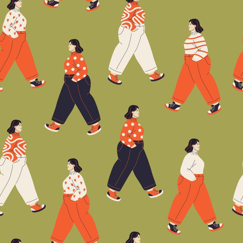 Seamless pattern with stylish curvy women walking in modern casual outfits. Tile with plus-size models for fabric, textiles, wrapping paper, beauty and fashion projects. Includes swatches. vector