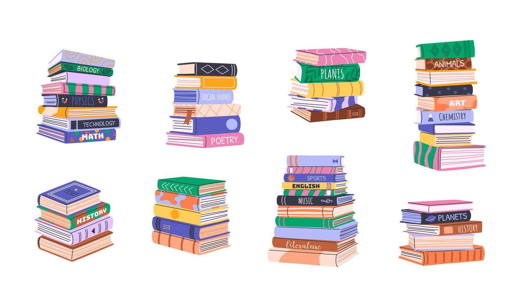 Stacks and piles of books, education literature, dictionaries, novels. Isolated flat illustrations for Back to School, book club or fair, bookcrossing and bookstore concepts. vector