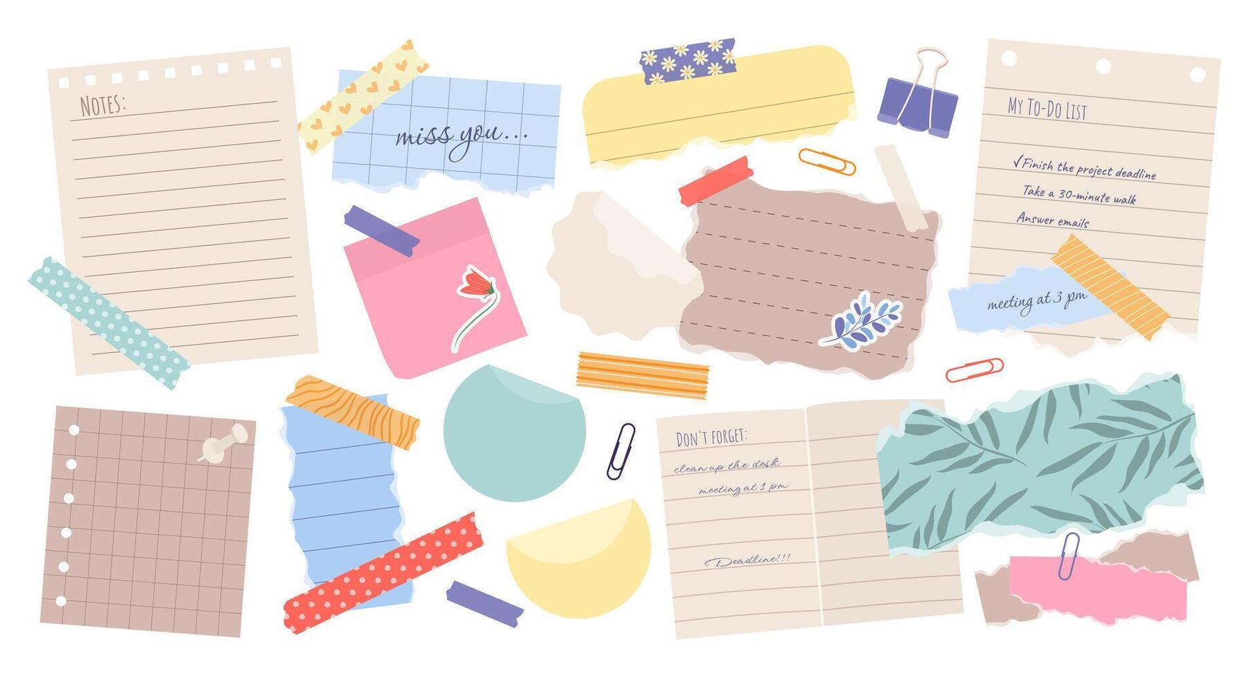 Set of torn paper notes, stickers, to do lists, duct washi tapes, paper clips. Isolated sticky craft elements and reminders for scrapbooking, collages or mood boards. Illustrations on white. vector