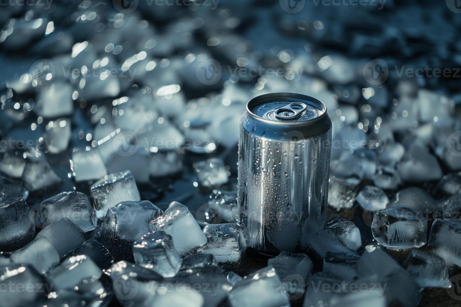A metal can with water drops stands among many ice cubes on a dark surface. photo