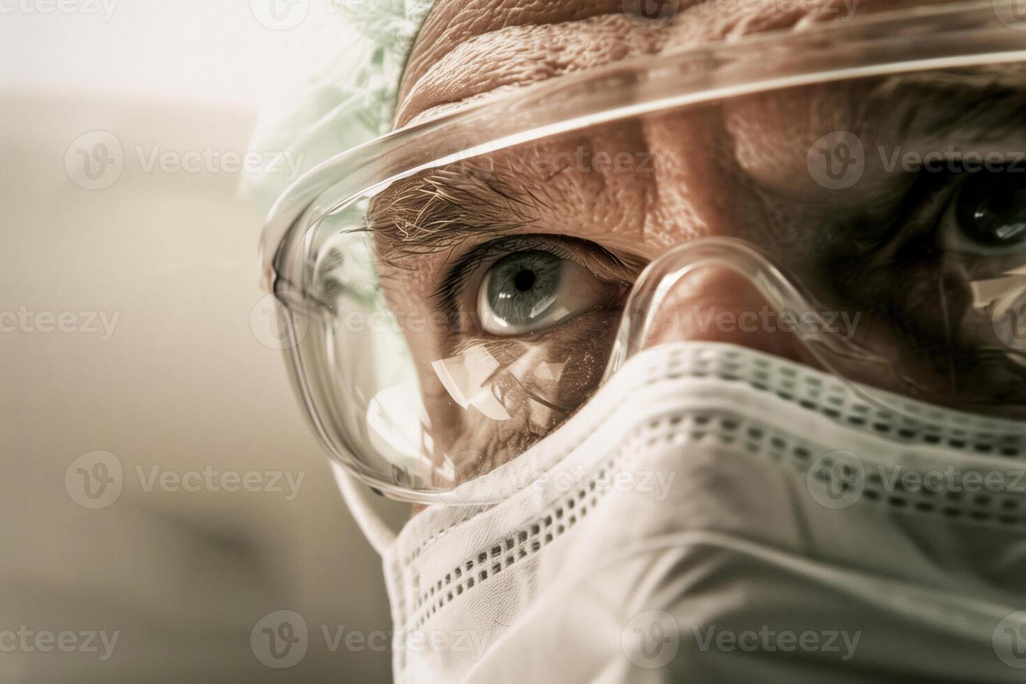 Close-up of a doctor's eye in protective goggles, a mask, and a cap, looking up, light background. photo