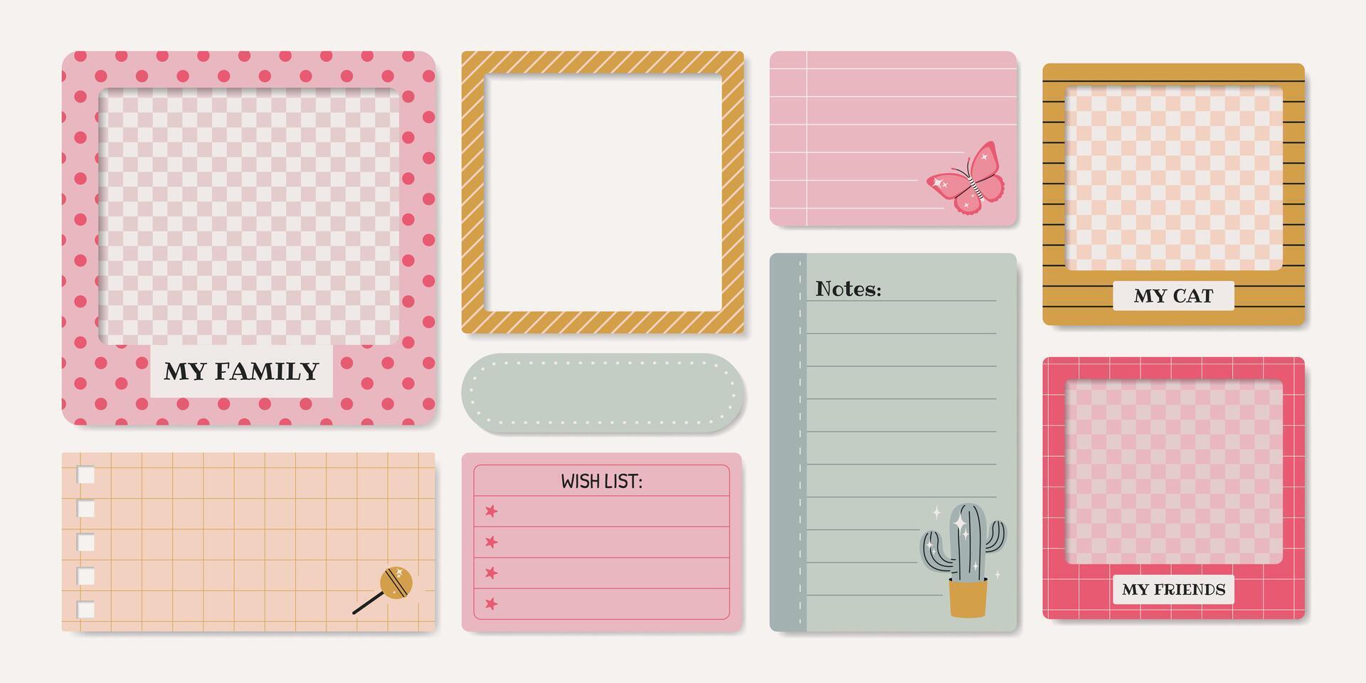 Set of paper notes, stickers, photo frames, wish list, lined and grid pages. Isolated girly elements and reminders for scrapbooking, collages, and planners in retro style. vector