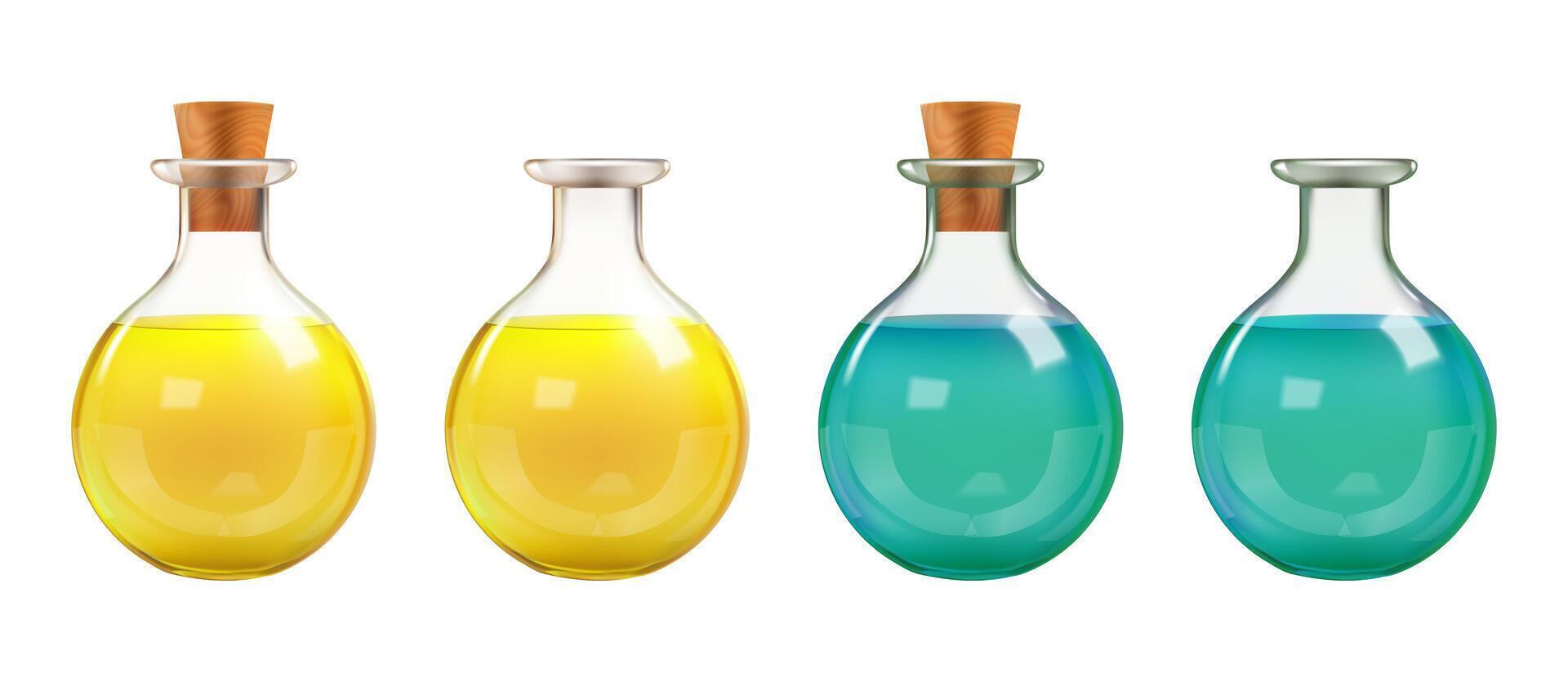 3d test tube, chemistry lab glass bottle. Witch magic potion flask, laboratory beaker icon. Science vial medical equipment, isolated poison antidot elixir. Realistic glassware with color water vector
