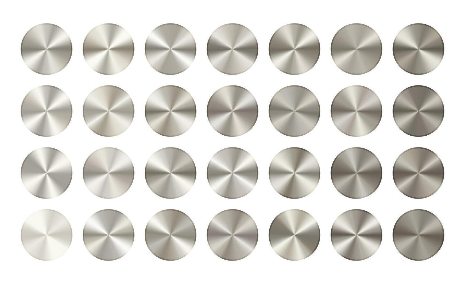 Silver color radial medal shield. Metal circle coin. award badge round button. 3d brushed disk surface texture. Warranty seal frame label. Circular gradient sticker texture. Platinum prize tag vector