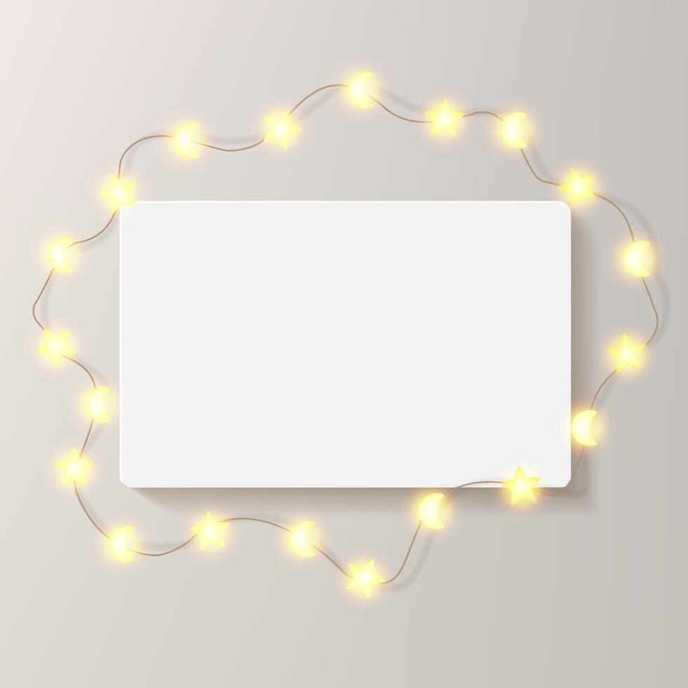 Rectangle Ramadan frame on light beige bg. Illuminated by glowing led stars, light bulb warm garland. Horizontal landscape festive greeting card container mockup. Luxury empty Eid Mubarak gallery wall vector
