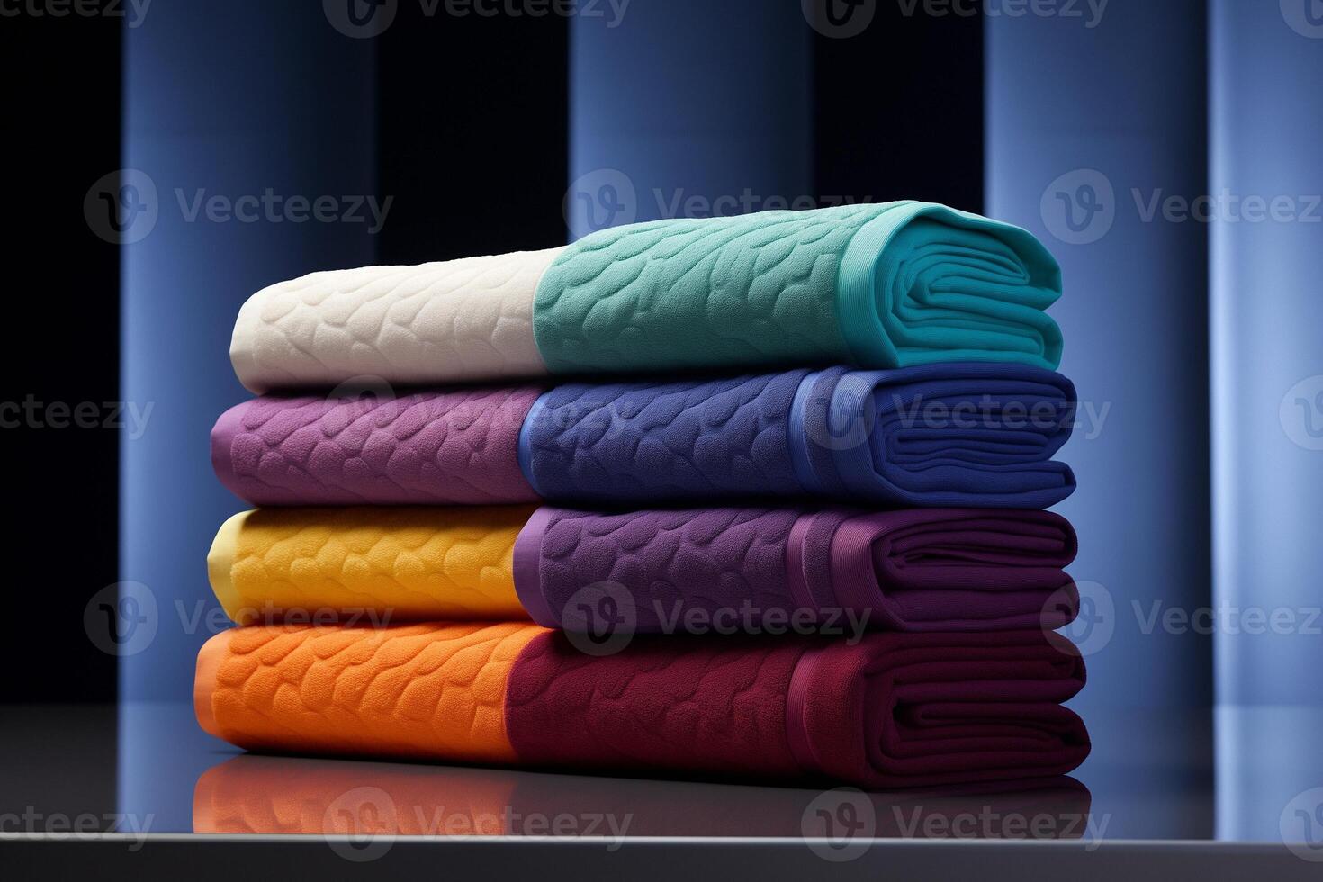 Multicolored towels with a relief pattern are neatly stacked on a table, dark background with backlighting. photo