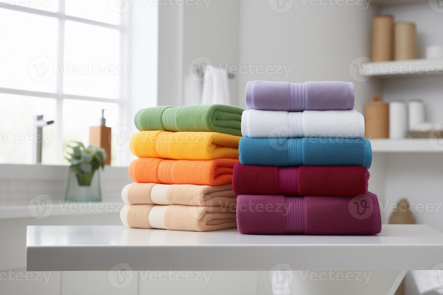 Two stacks of colorful towels on a white table in the bathroom, a window and shelves with items in the background. photo
