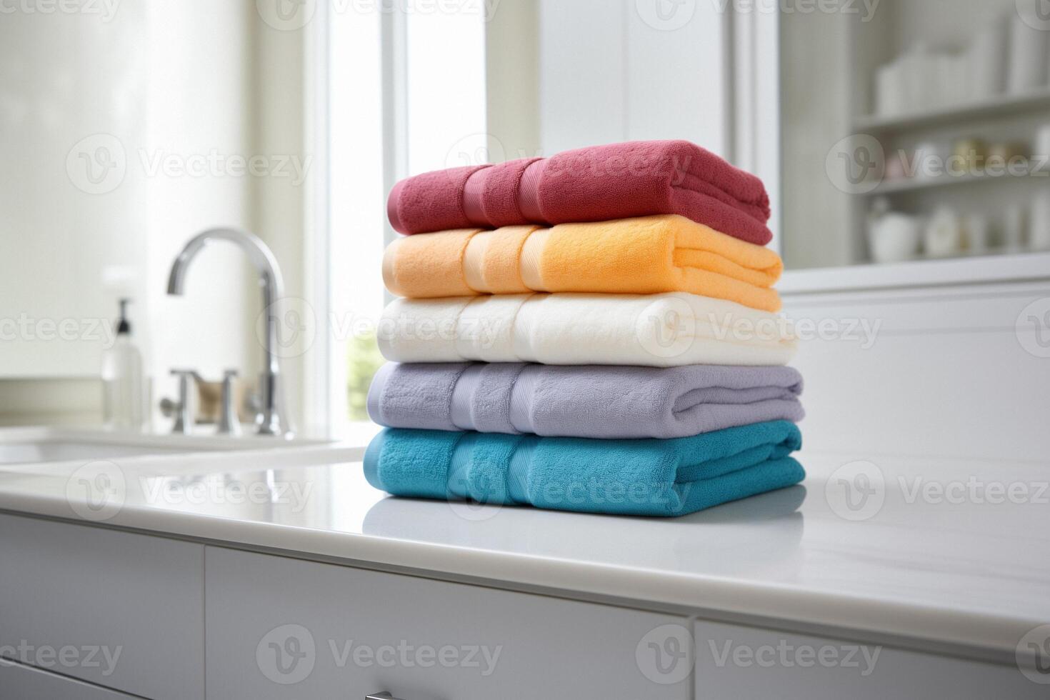 A stack of five folded towels of different colors on a white countertop in a bathroom, a faucet is visible. photo
